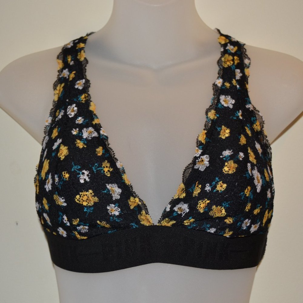 PINK Victoria's Secret Small yellow and black floral I-back lace bra EUC